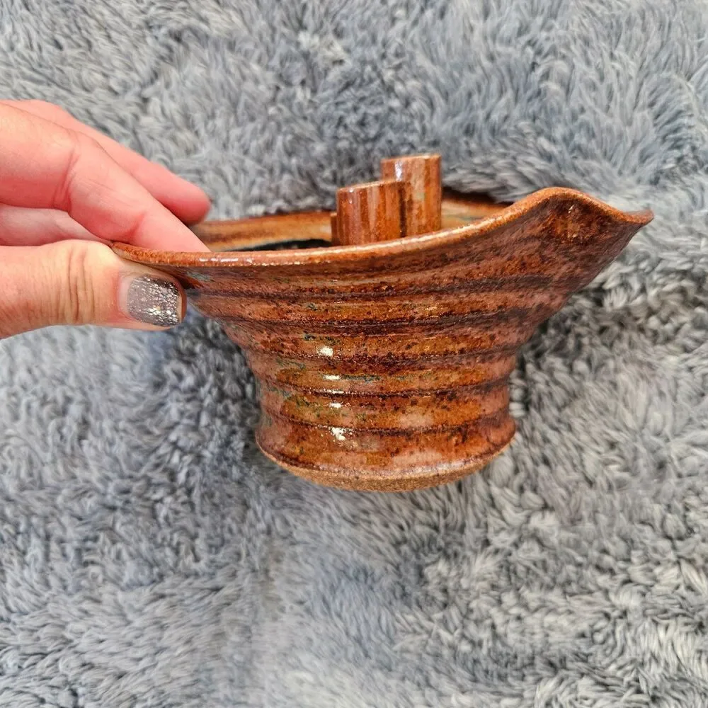 Handmade Stoneware Ceramic Ikebana Vase Bowl blue, copper, and brown glaze